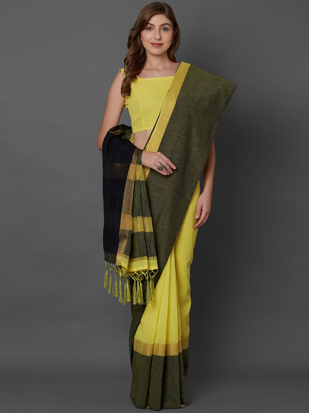 Mitera Yellow & Black Linen Blend Handloom Colourblocked Saree Price in India