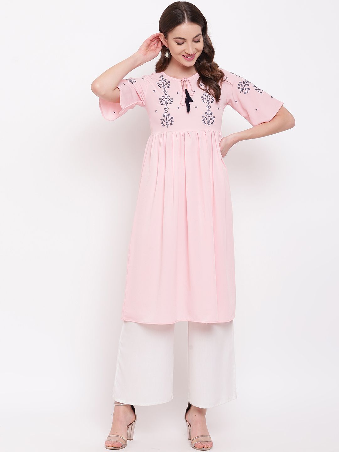 Napra Women Pink & Navy Blue Woven Design A-Line Kurta Price in India