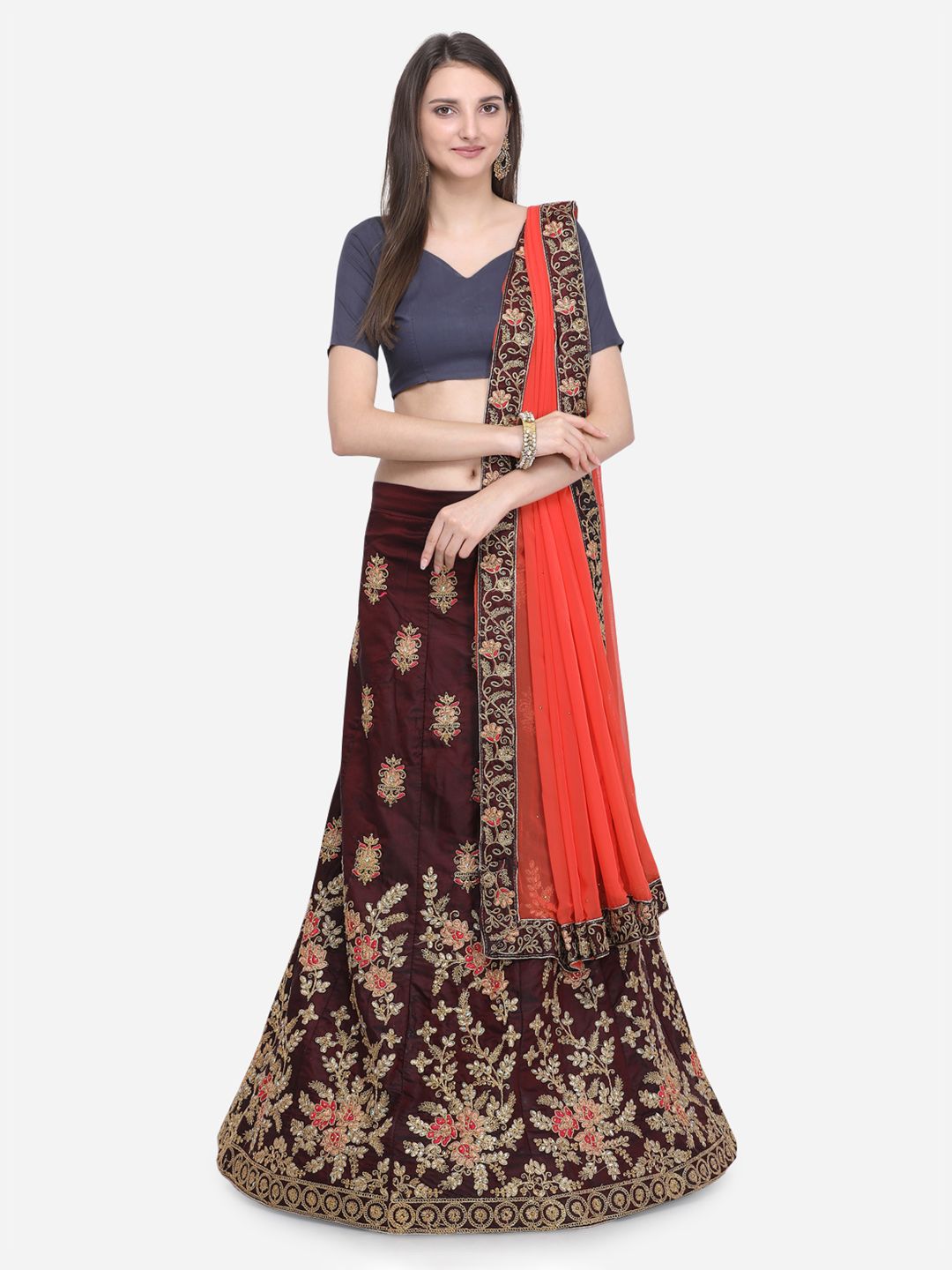 MOKSHA DESIGNS Maroon & Coral Embroidered Semi-Stitched Lehenga & Unstitched Blouse with Dupatta Price in India