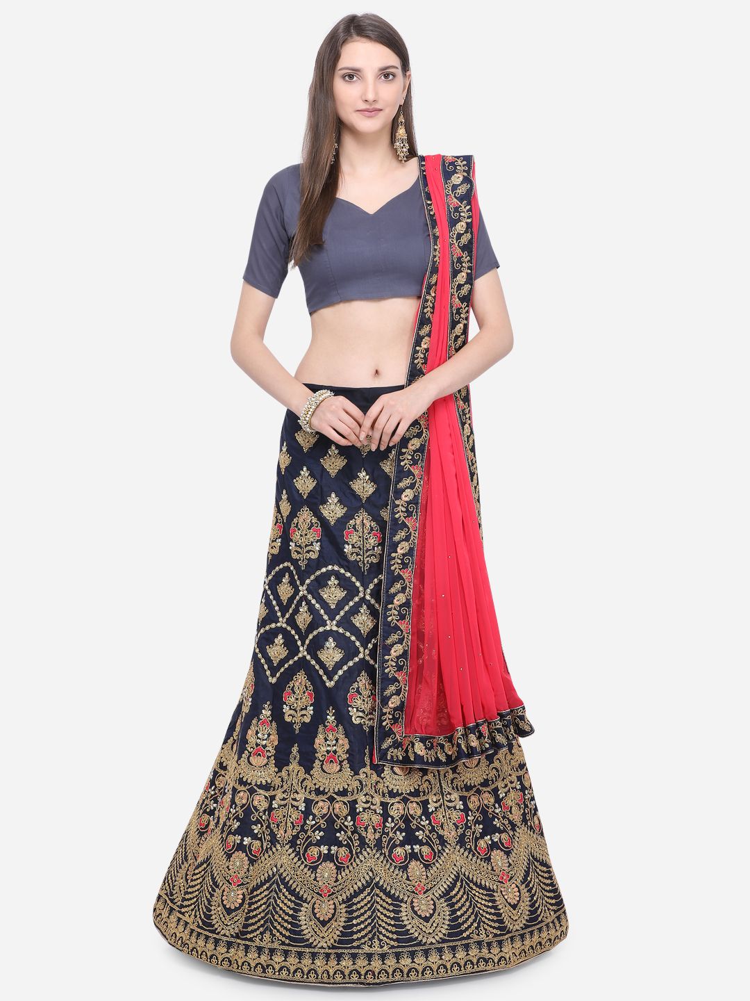 MOKSHA DESIGNS Navy Blue & Pink Embroidered Semi-Stitched Lehenga & Unstitched Blouse with Dupatta