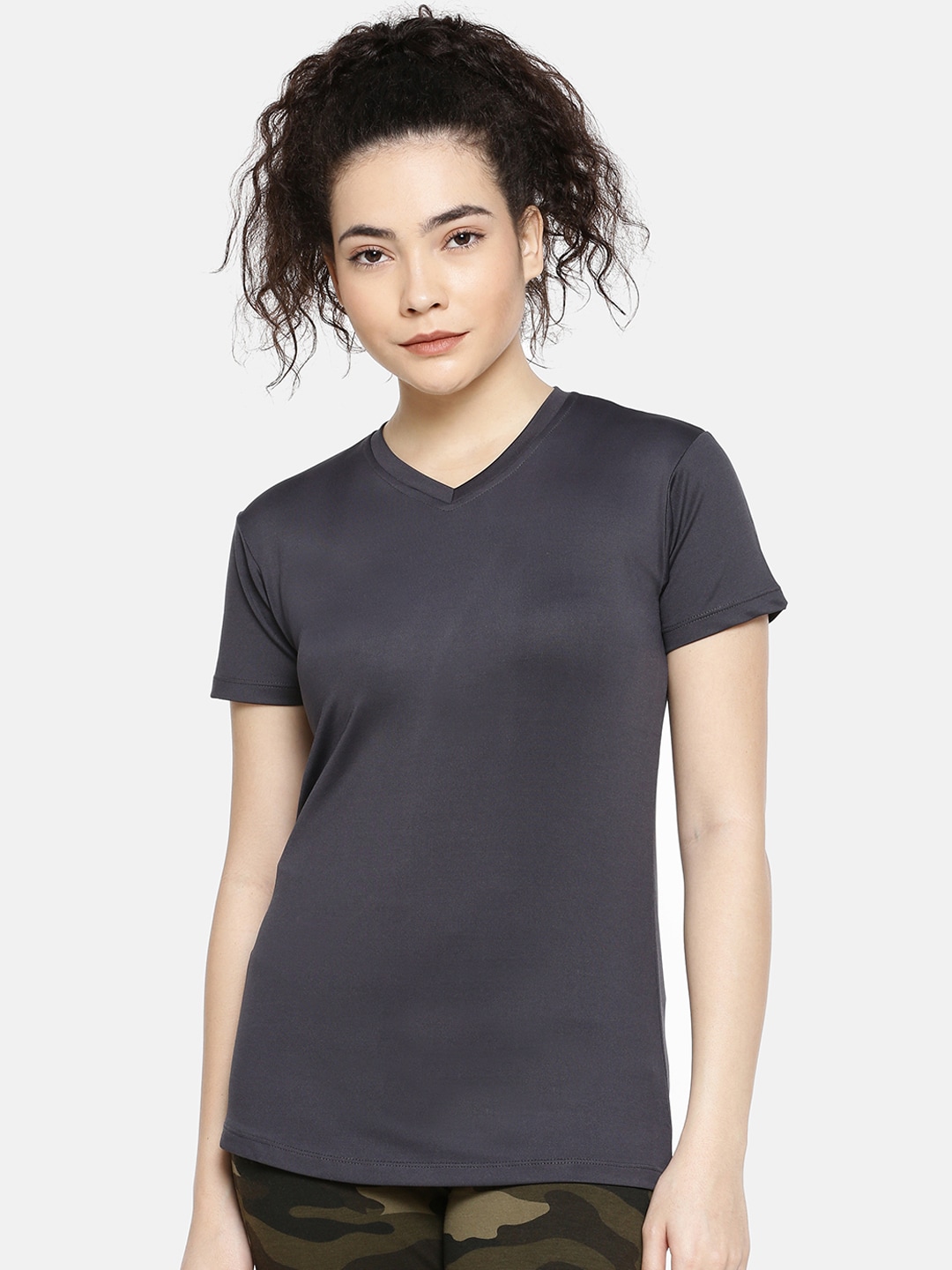 GOLDSTROMS Women Grey Solid V-Neck T-shirt Price in India