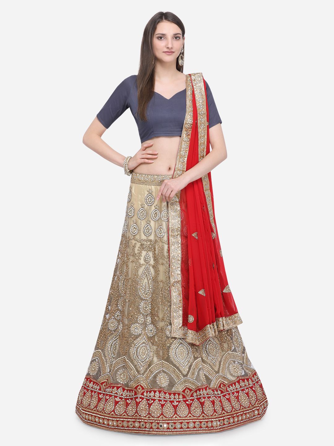 MOKSHA DESIGNS Beige & Red Embroidered Semi-Stitched Lehenga & Unstitched Blouse with Dupatta Price in India