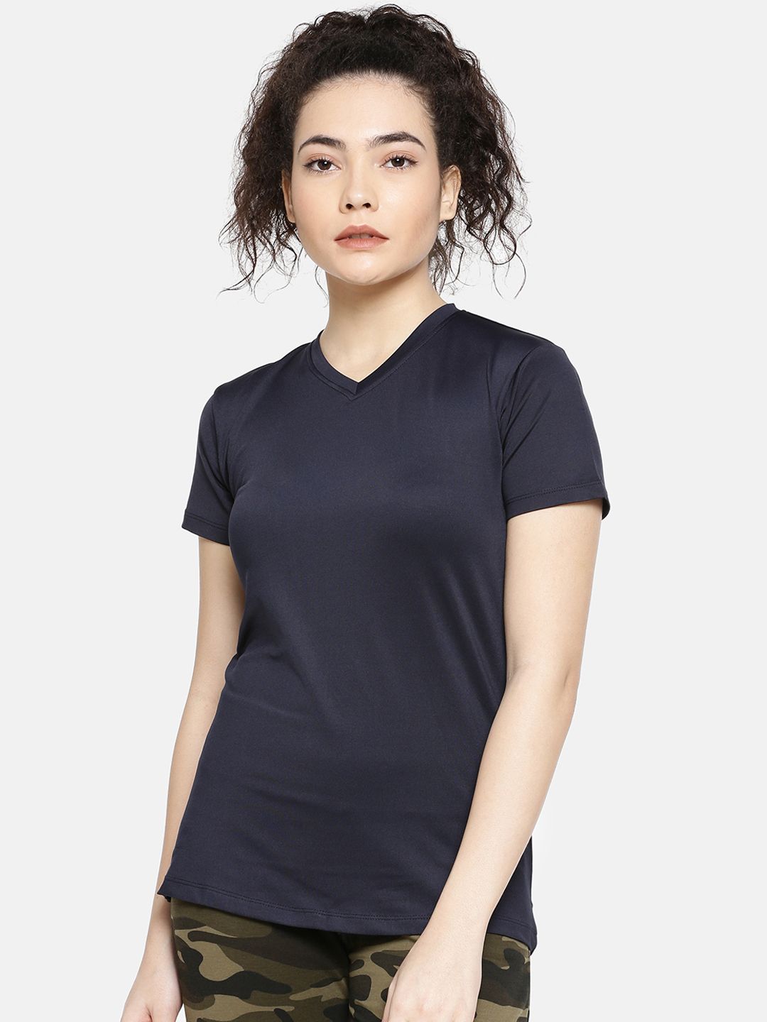 GOLDSTROMS Women Navy Blue Solid V-Neck T-shirt Price in India