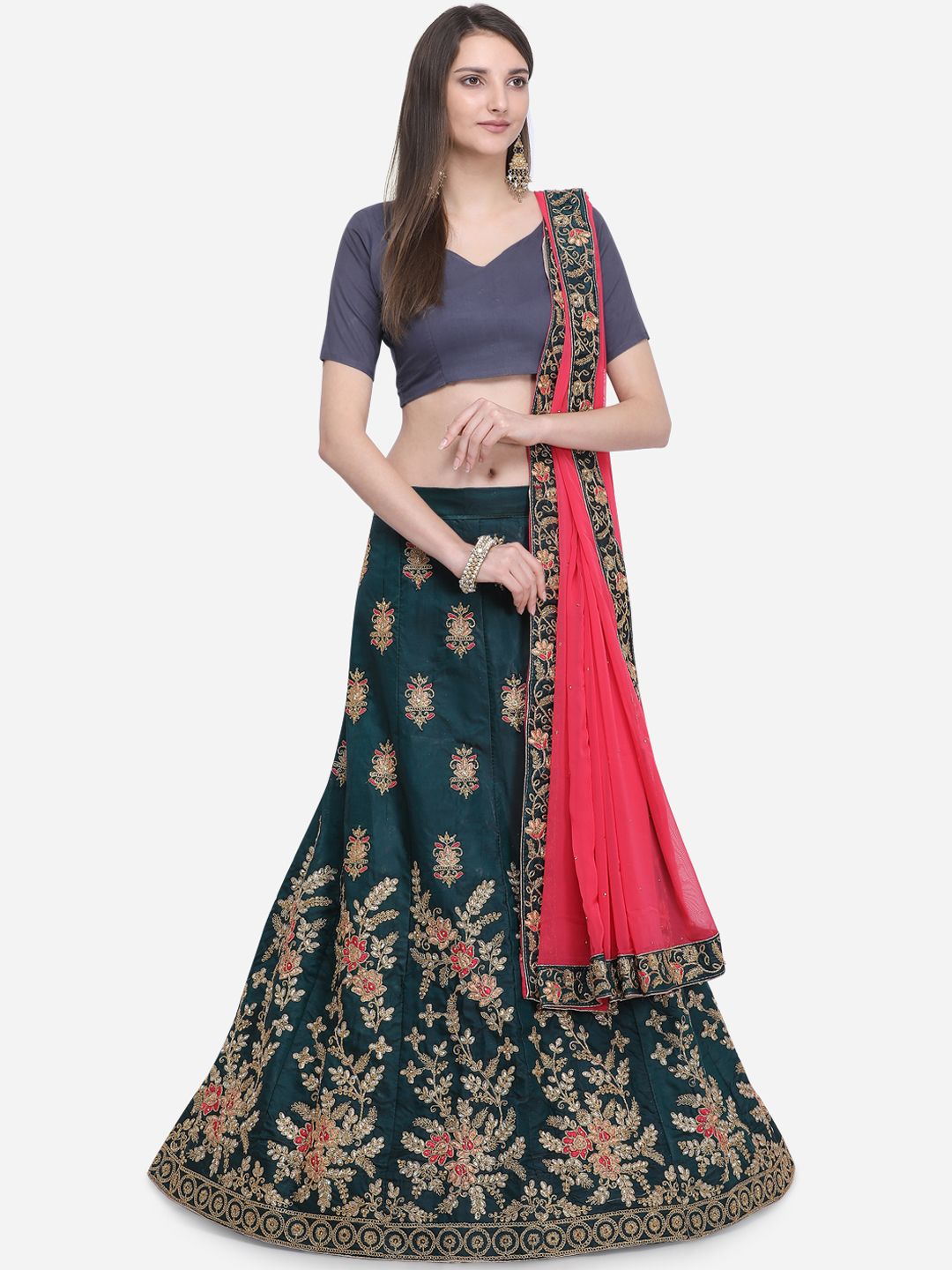 MOKSHA DESIGNS Green & Red Embroidered Ready to Wear Lehenga & Unstitched Blouse with Dupatta Price in India