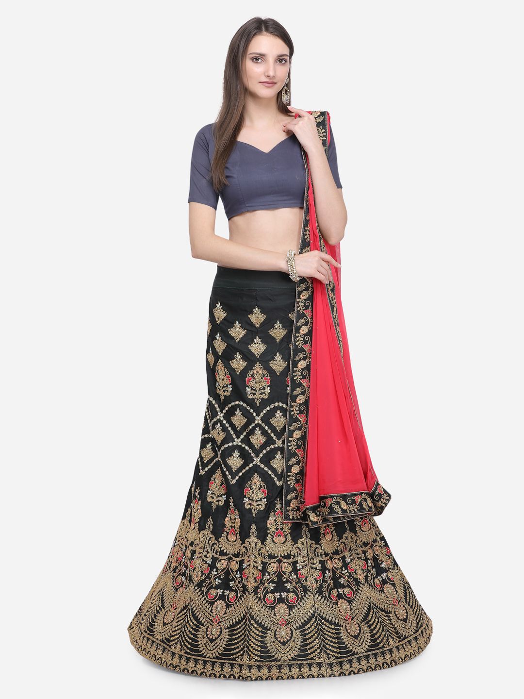 MOKSHA DESIGNS Black & Coral Pink Ready to Wear Lehenga & Unstitched Blouse with Dupatta Price in India