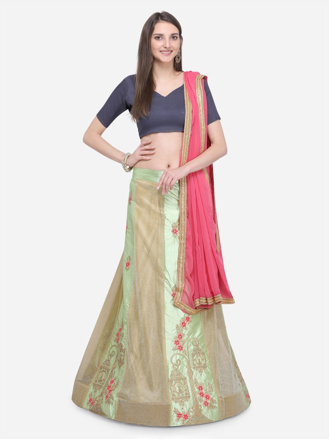 MOKSHA DESIGNS Green & Pink Embroidered Ready to Wear Lehenga & Unstitched Blouse with Dupatta Price in India