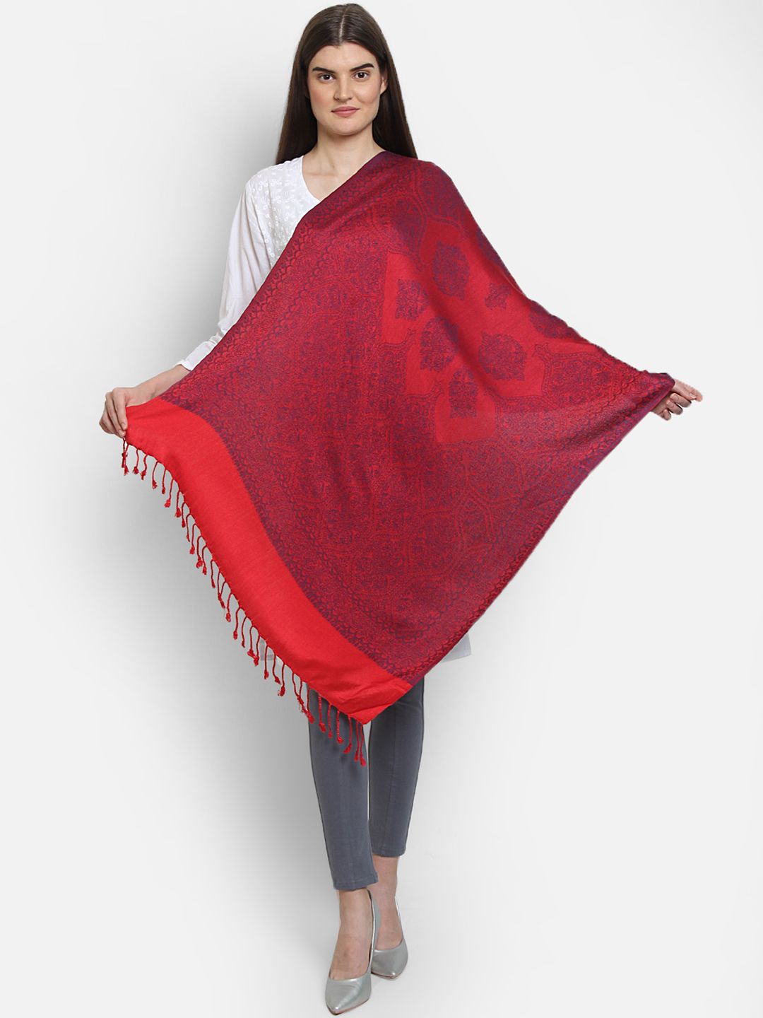 Anekaant Women Red & Navy Woven Design Shawl Price in India