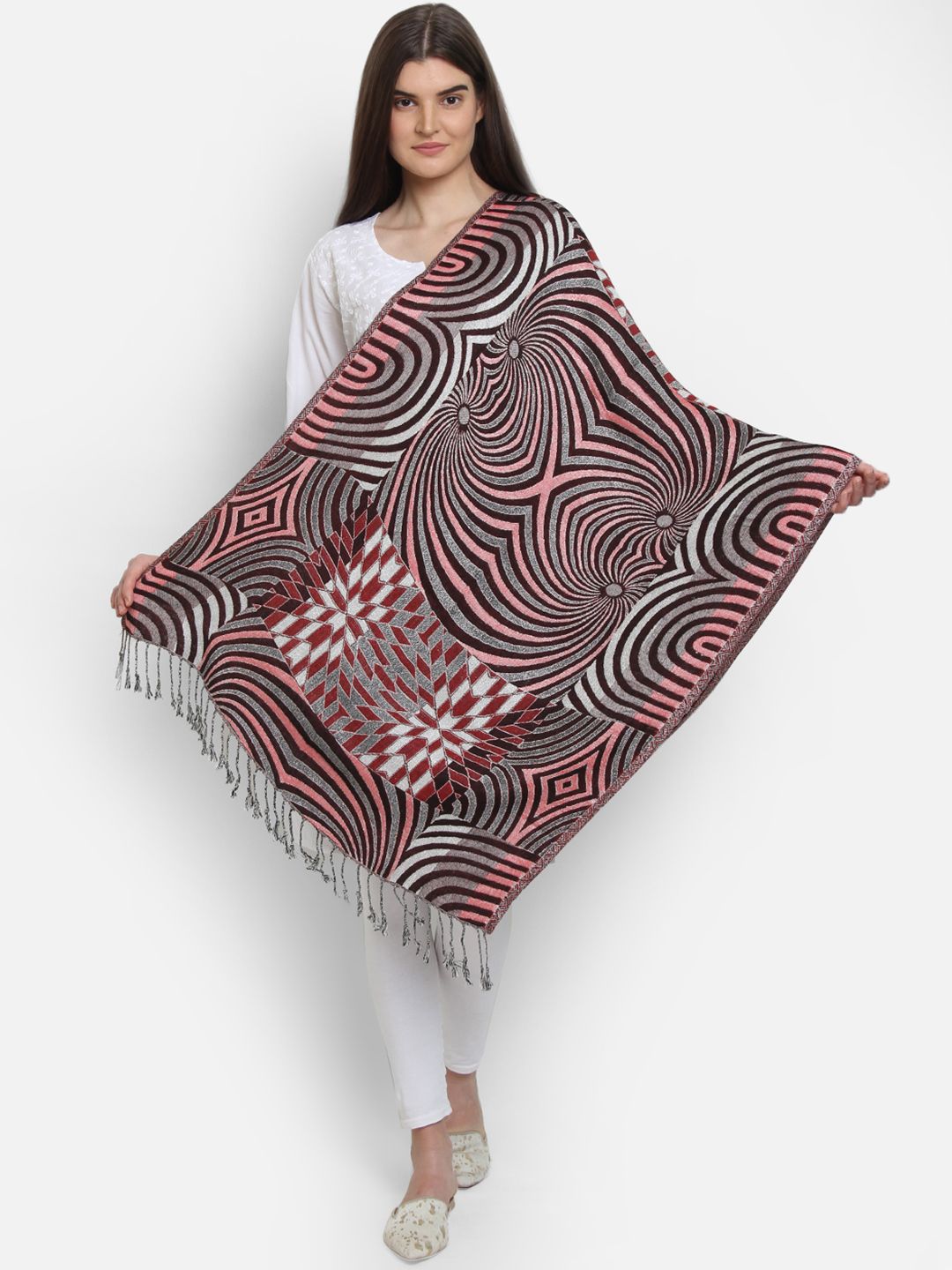 Anekaant Women Brown & Grey Geometric Woven Design Shawl Price in India