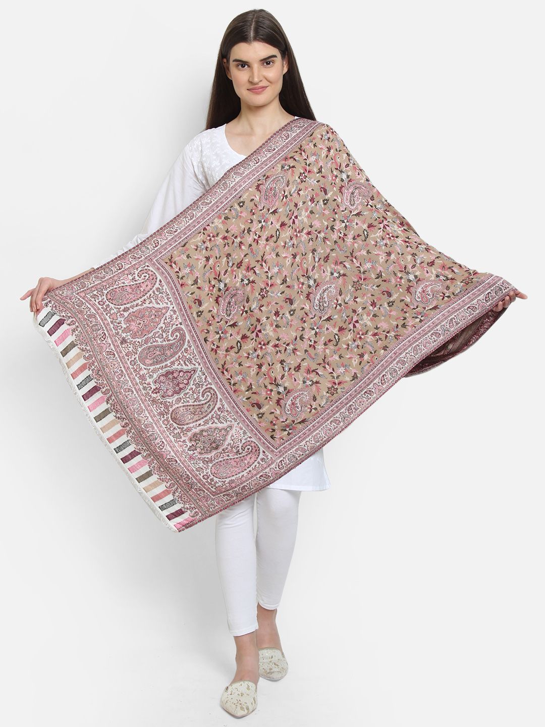 Anekaant Women Beige & Pink Floral Woven Design Shawl Price in India