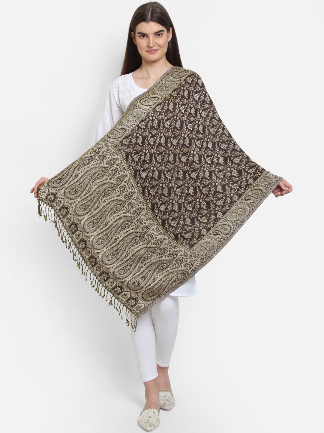 Anekaant Women Beige & Brown Woven Design Shawl Price in India