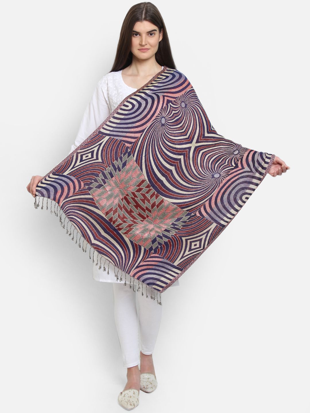 Anekaant Women Navy Blue & Maroon Printed Shawl Price in India