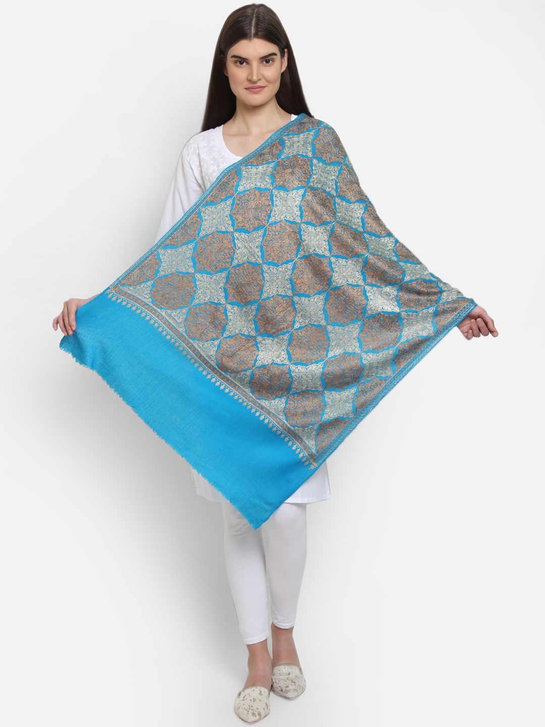 Anekaant Women Turquoise Blue & Brown Embroidered Shawl Price in India