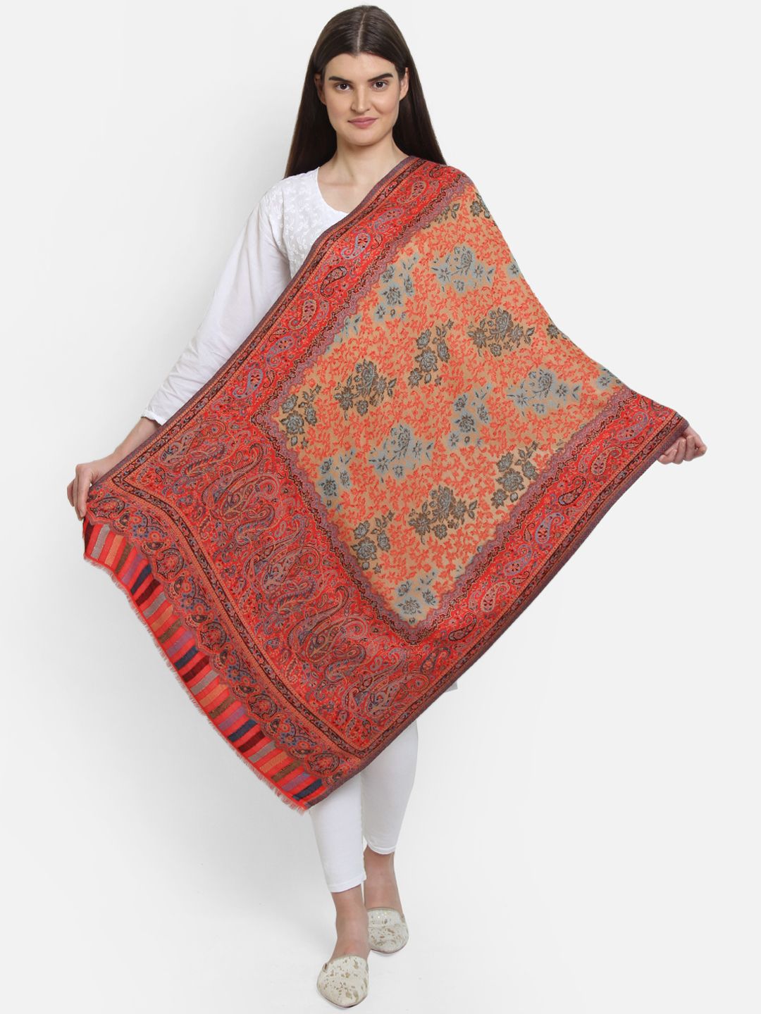 Anekaant Women Beige & Orange Woven Design Shawl Price in India