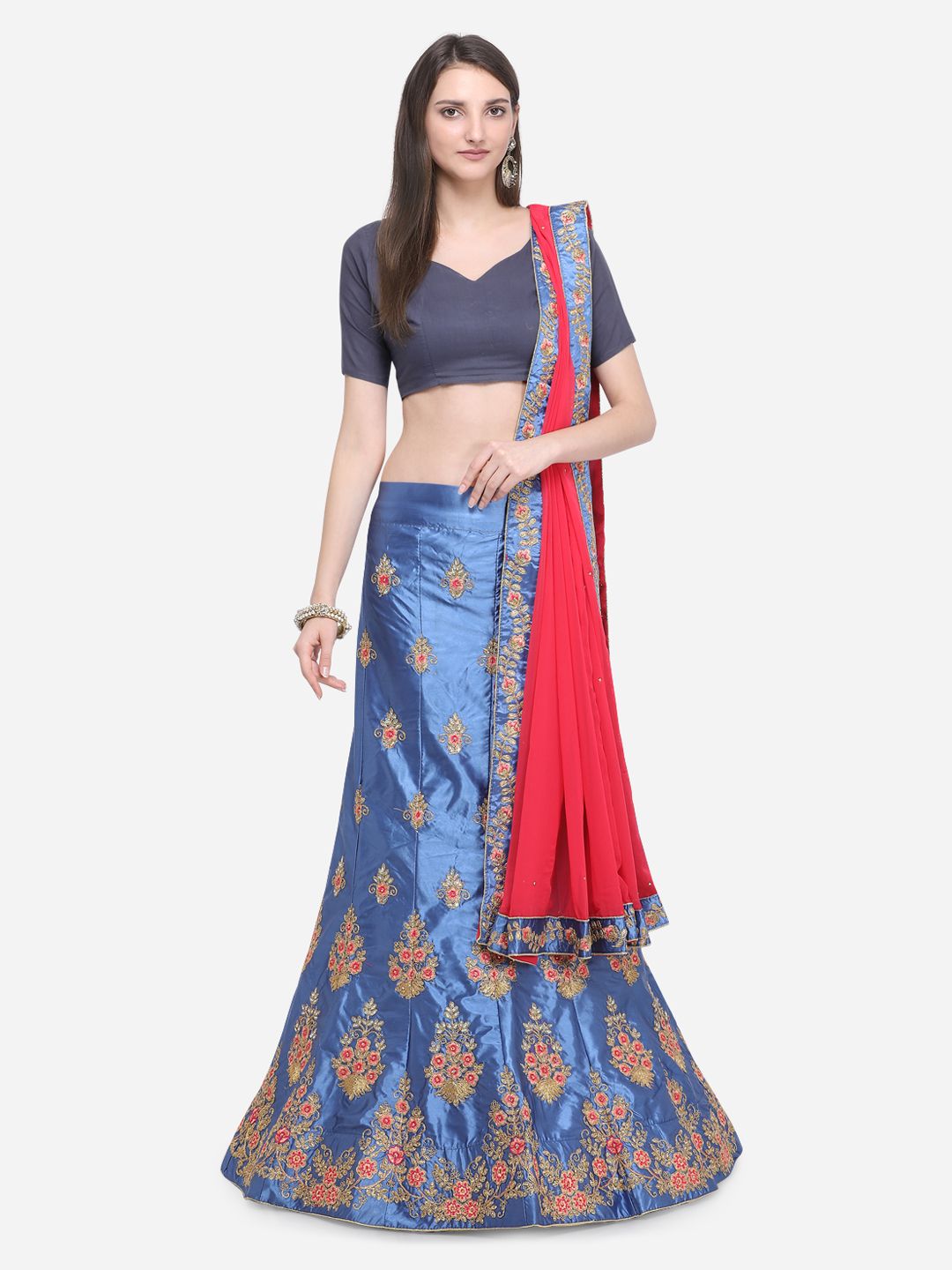 MOKSHA DESIGNS Blue & Red Embroidered Semi-Stitched Lehenga & Unstitched Blouse with Dupatta
