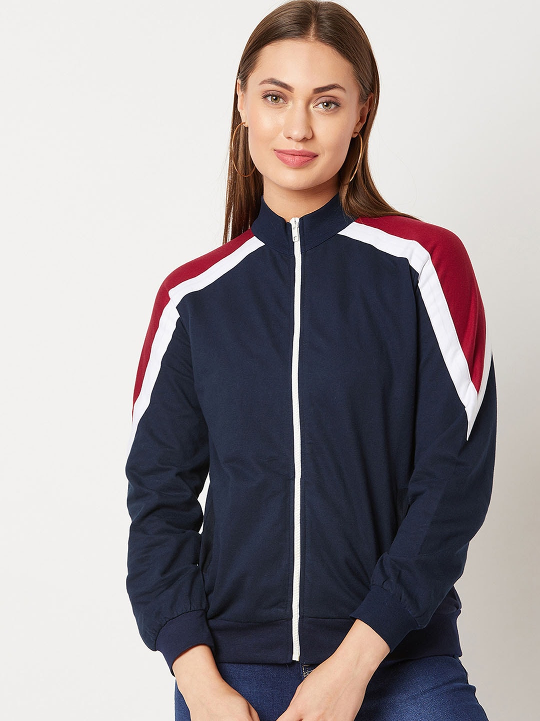 Miss Chase Women Navy Blue & Red Colourblocked Jacket