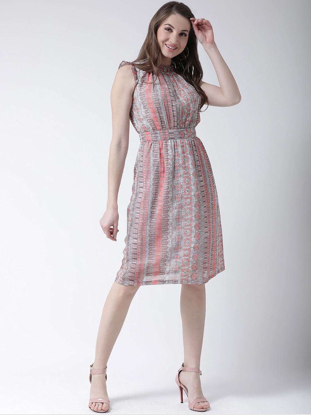 KASSUALLY Peach-Coloured & Grey Geometric Printed Fit and Flare Dress Price in India