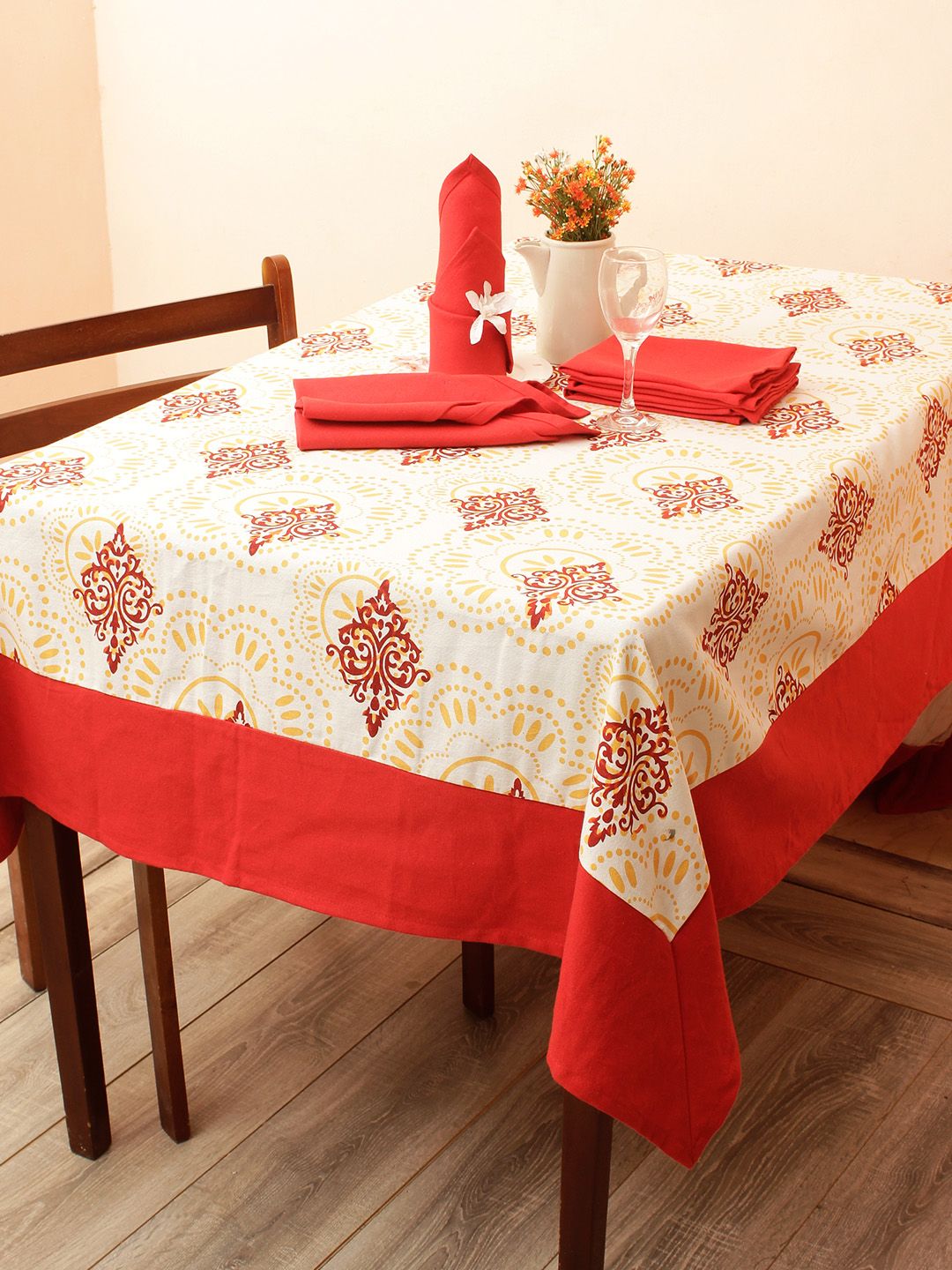 Soumya Set of 7 Red & Cream-Coloured Printed Pure Cotton 200TC Table Cover With 6 Napkins Price in India