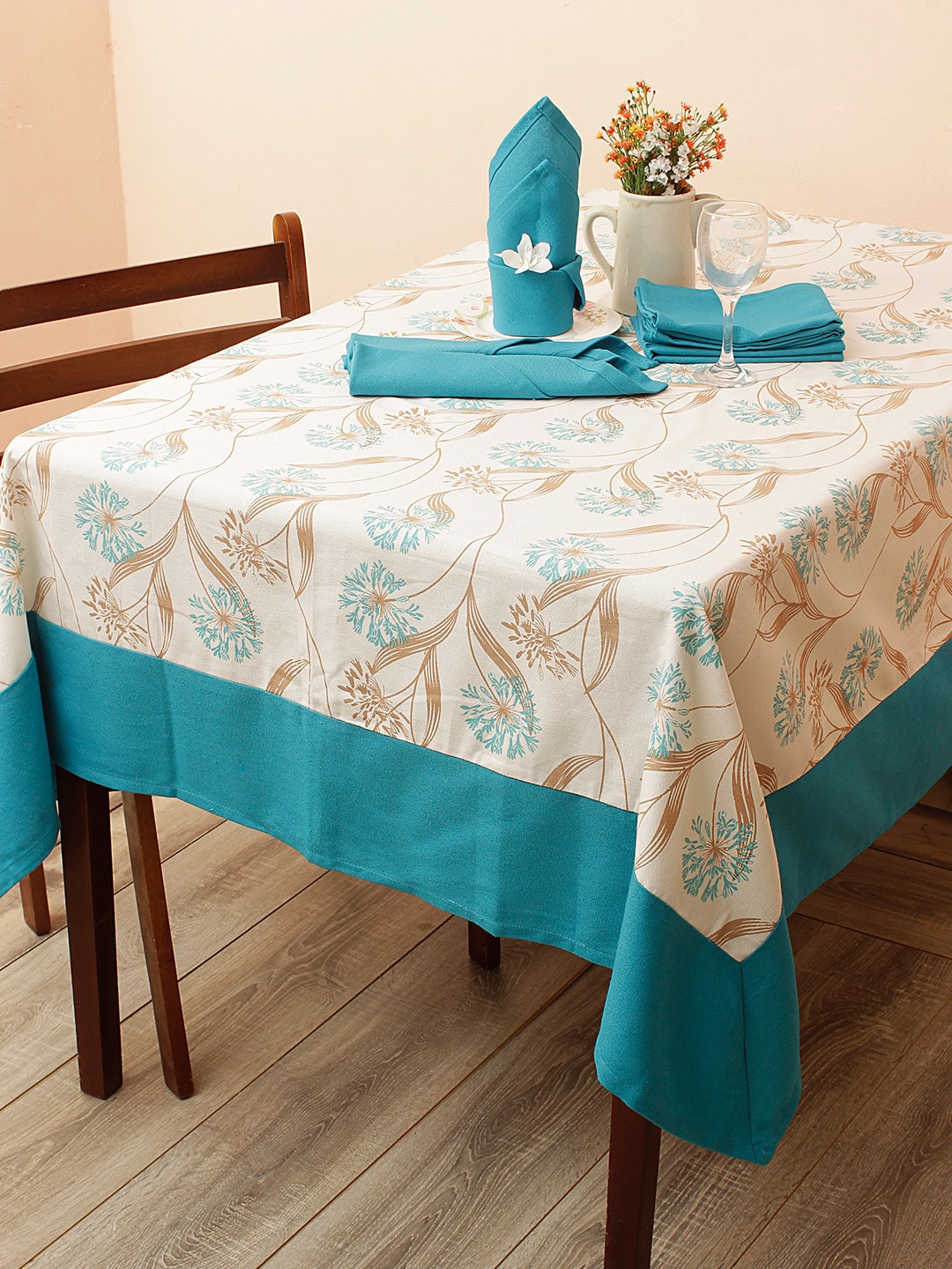 Soumya Set of 7 Blue & White Printed Pure Cotton 200TC Table Cover With 6 Napkins Price in India