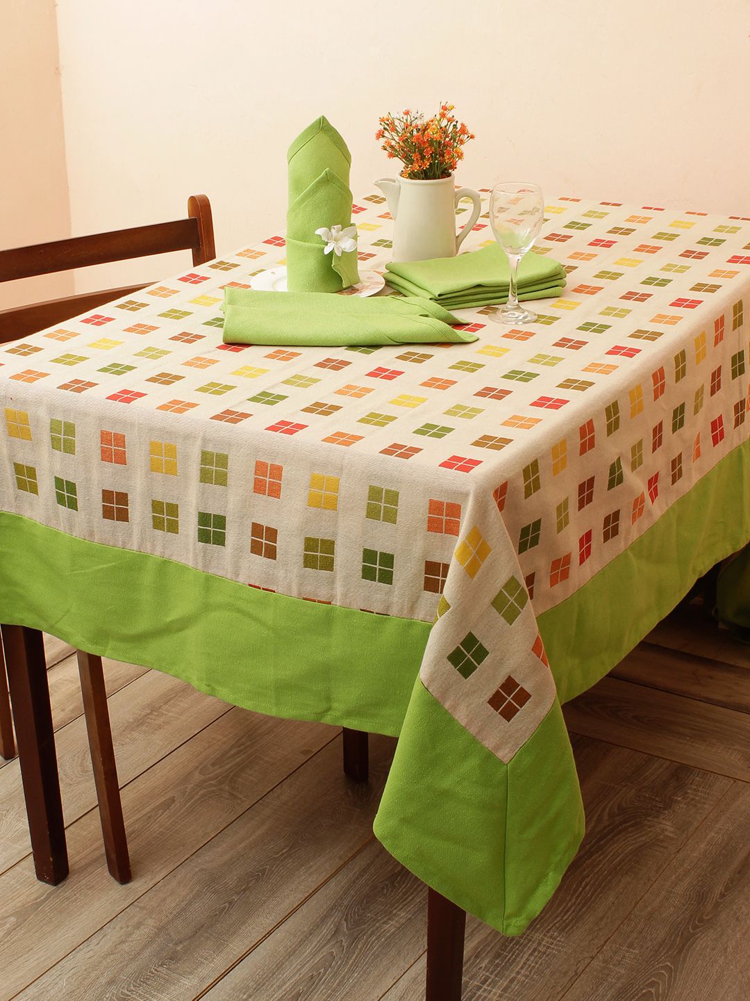 Soumya Set of 7 Multicoloured Printed Pure Cotton 200TC Table Cover With 6 Napkins Price in India