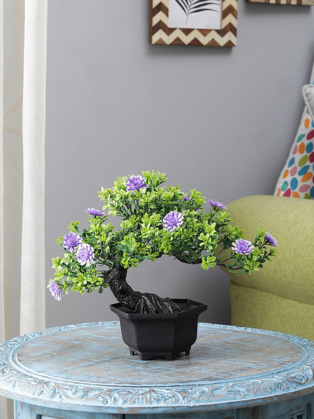 FOLIYAJ Green & Purple Bent Bonsai Tree Artificial Plant With Pot Price in India
