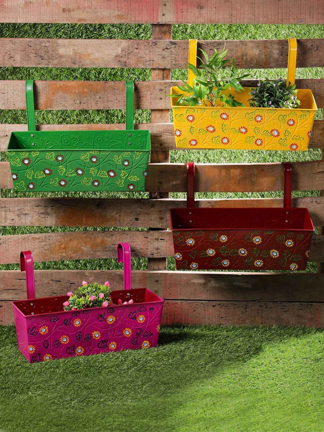 green girgit Set of 4 Handpainted Rectangular Planters Price in India