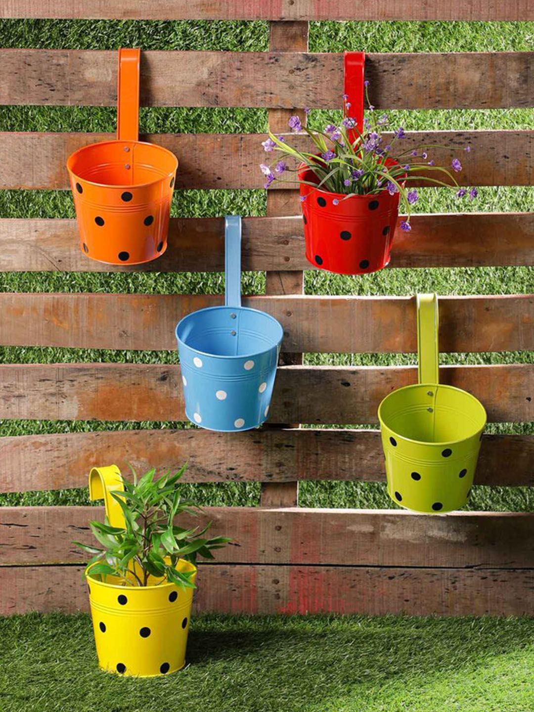 green girgit Set of 5 Polka-Dot Printed Planters Price in India