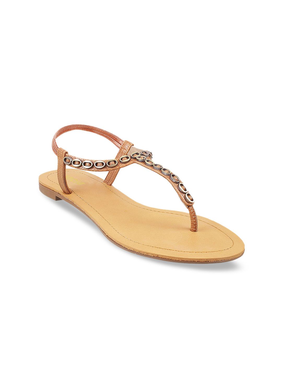 Mochi Women Tan Brown Embellished T-Strap Flats Price in India