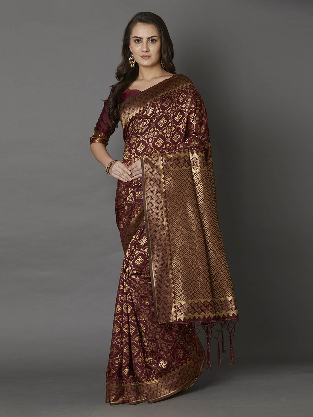 Mitera Brown Silk Blend Woven Design Banarasi Saree Price in India