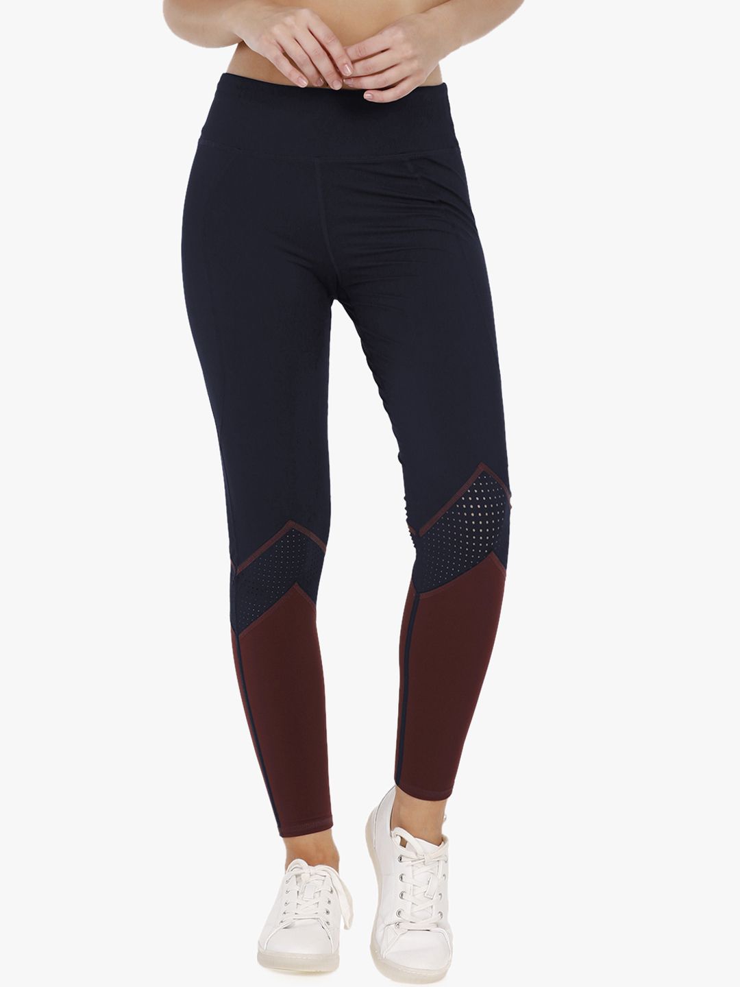 Amante Women Navy Blue & Brown Colour-Blocked High-Rise Fitness Tights Price in India