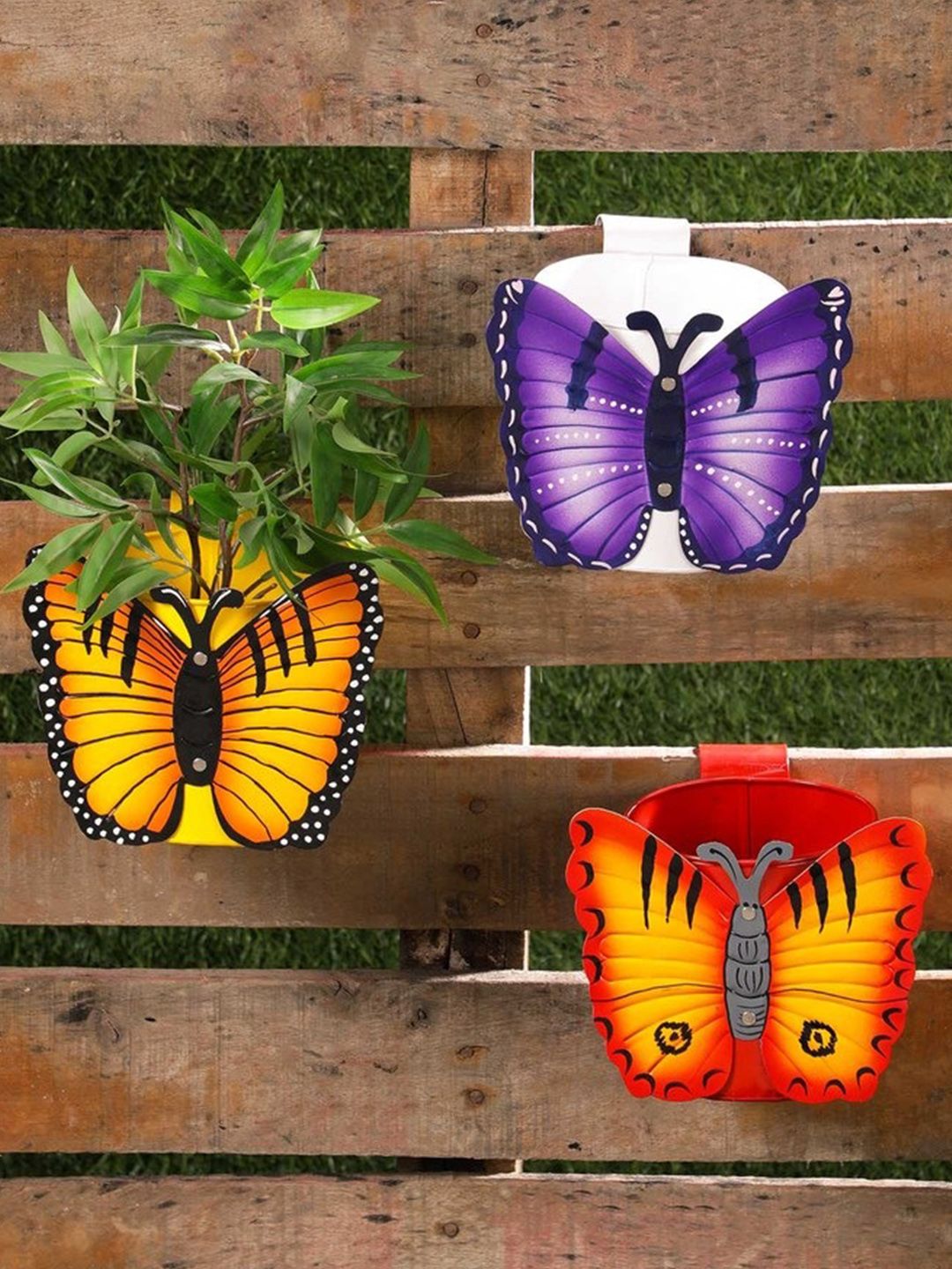 green girgit Set of 3 Butterfly Printed Railing Planters Price in India