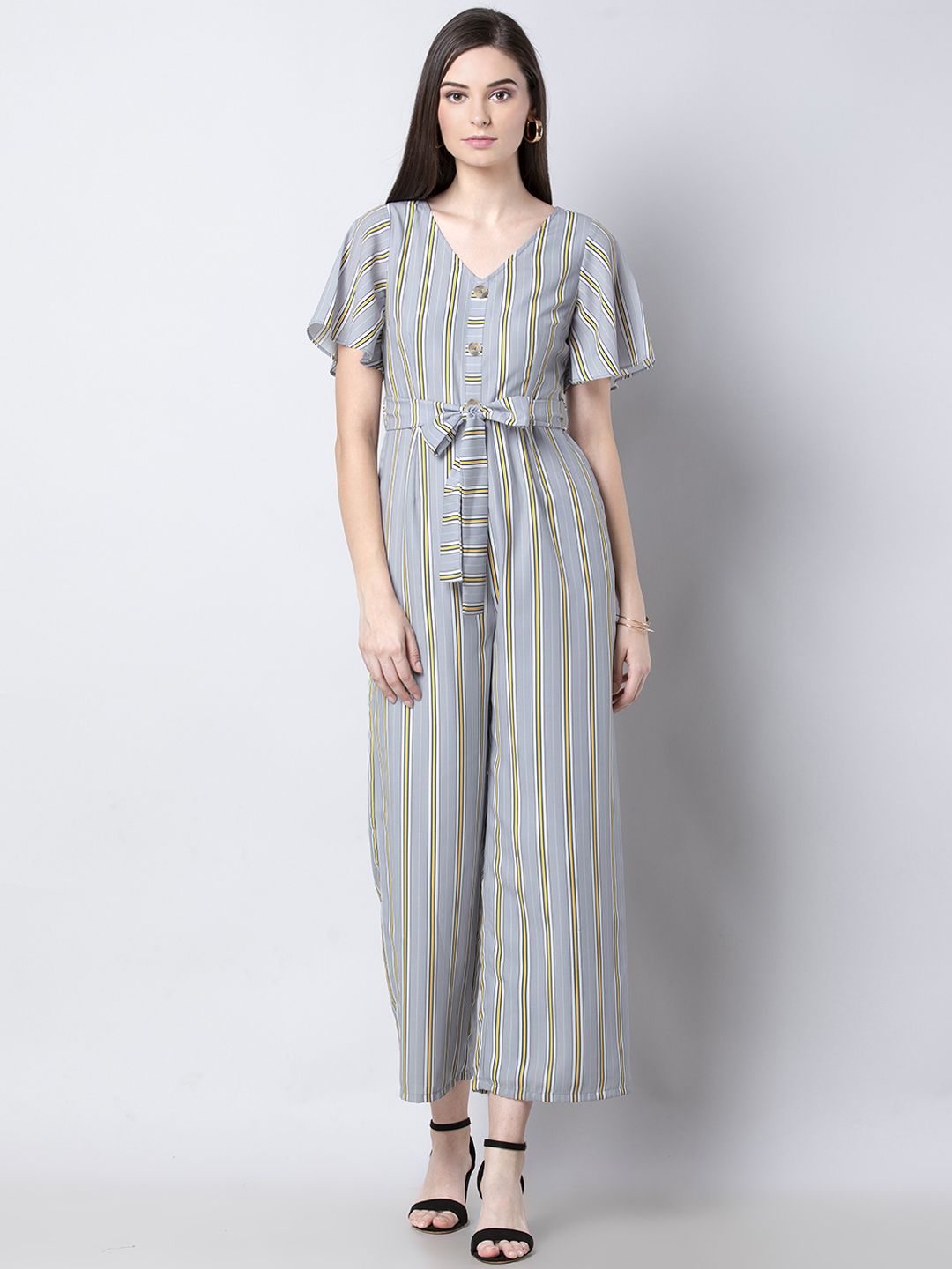 FabAlley Women Grey & Yellow Striped Basic Jumpsuit Price in India
