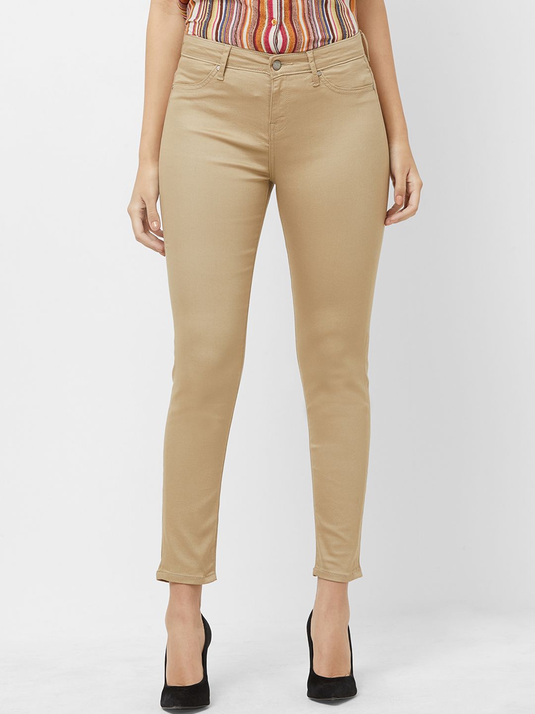 Fusion Beats Women Beige Regular Fit Solid Regular Trousers Price in India