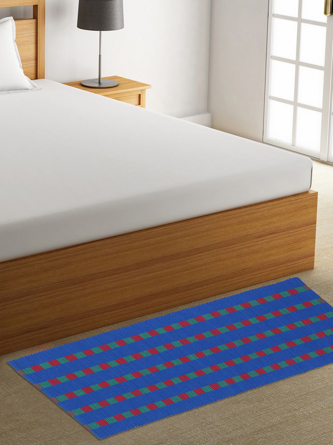 KLOTTHE Blue & Red Striped Rectangular Bedside Runner Price in India