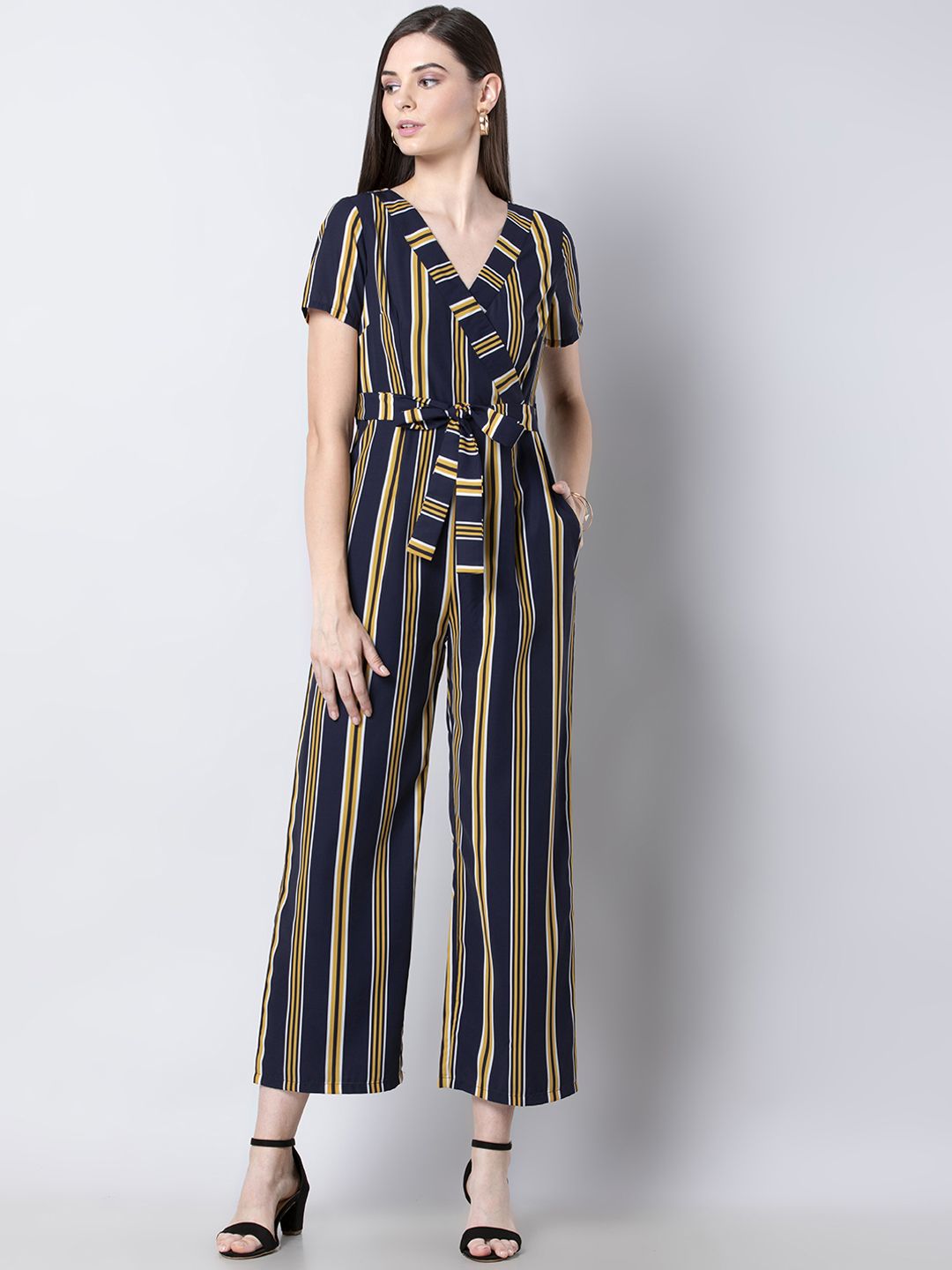 FabAlley Women Navy Blue & Yellow Striped Wrap Basic Jumpsuit Price in India