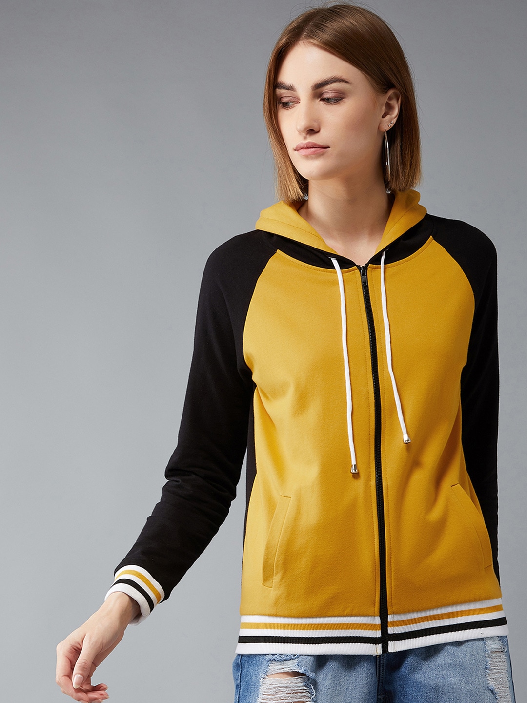 DOLCE CRUDO Women Mustard Yellow & Black Solid Hooded Sweatshirt Price in India