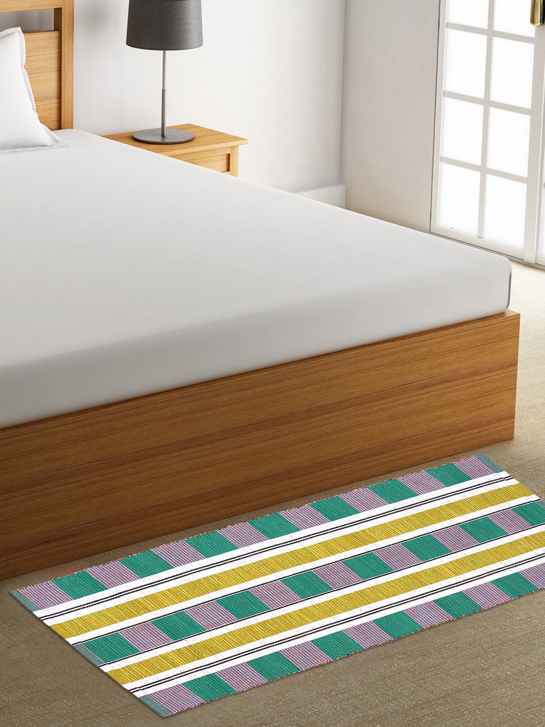 KLOTTHE Green & Lavender Striped Rectangular Bedside Runner Price in India