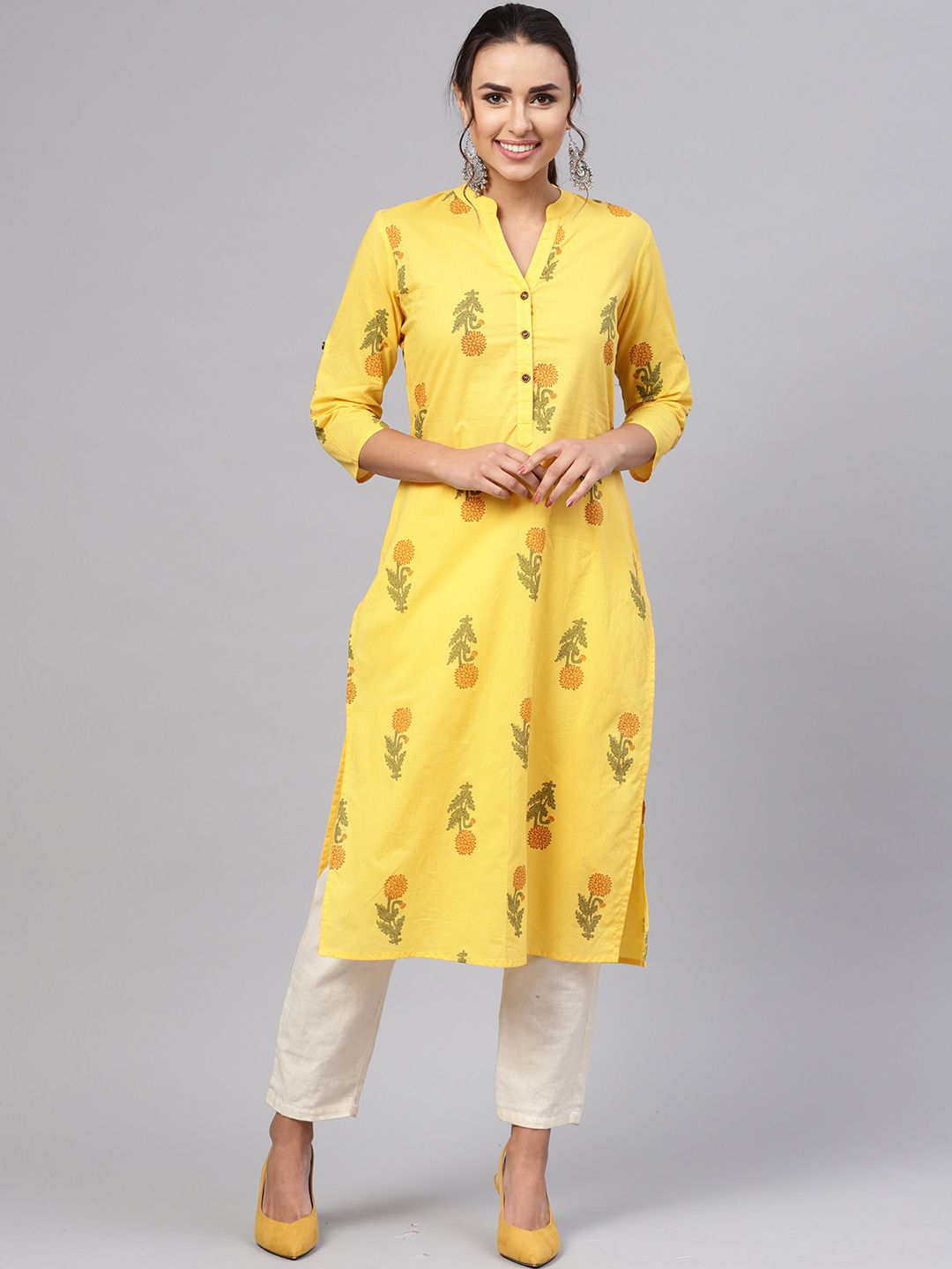 anayna Women Yellow Floral Printed Straight Kurta Price in India