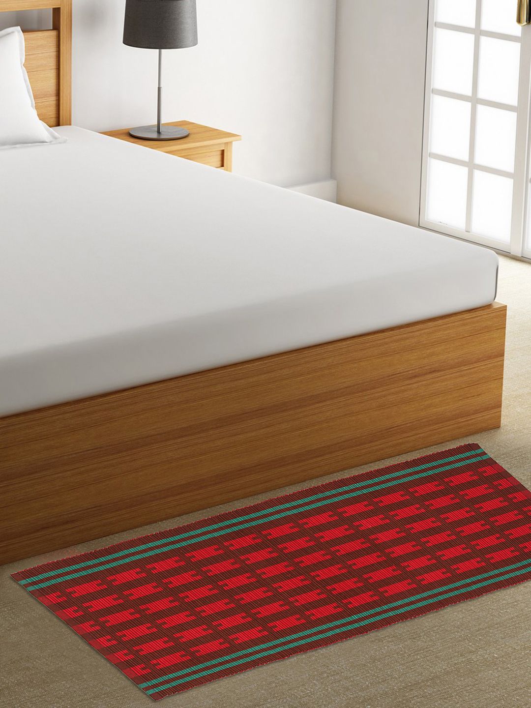 KLOTTHE Red & Brown Striped Rectangular Bedside Runner Price in India