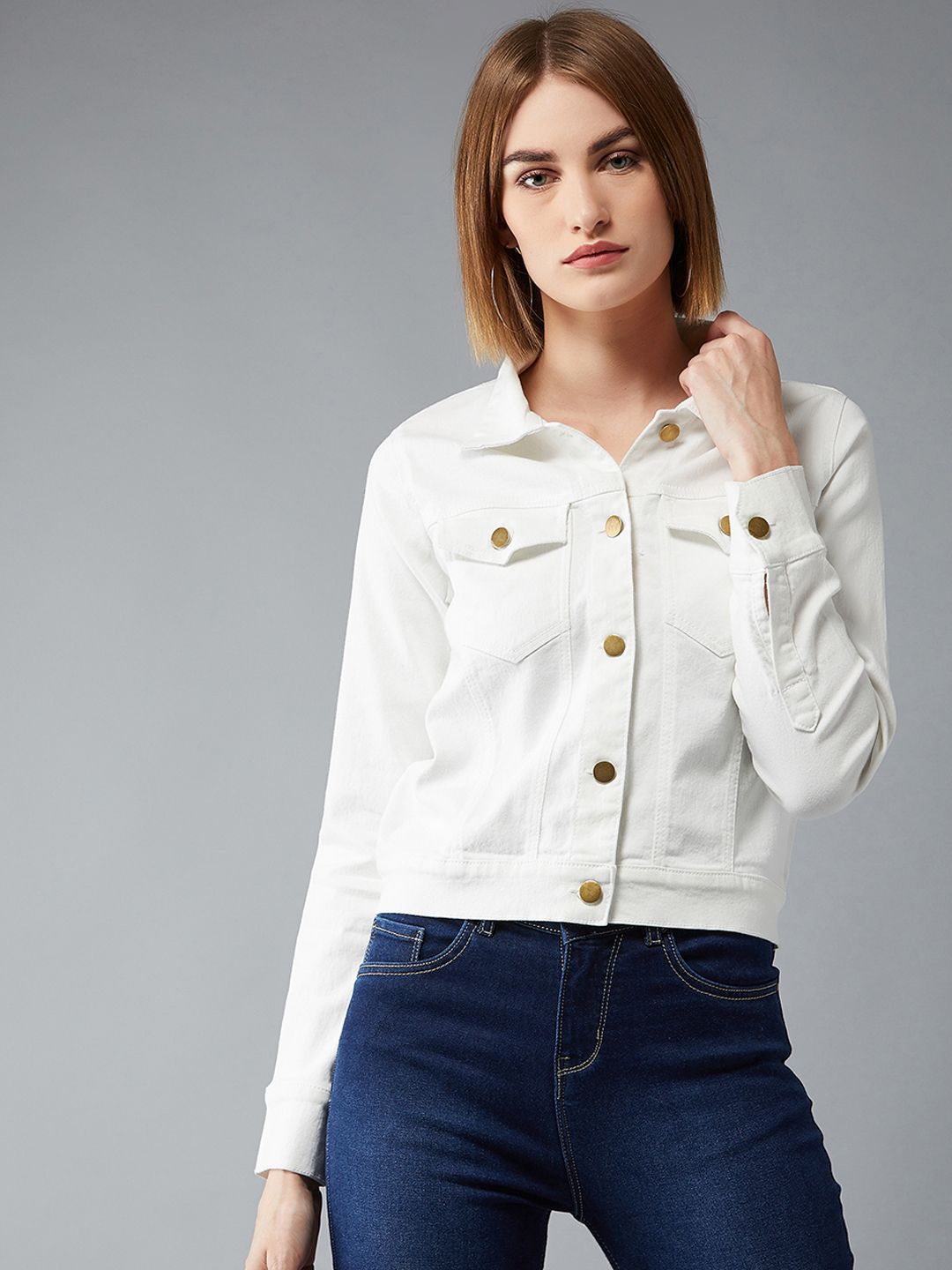 DOLCE CRUDO Women White Solid Denim Jacket Price in India