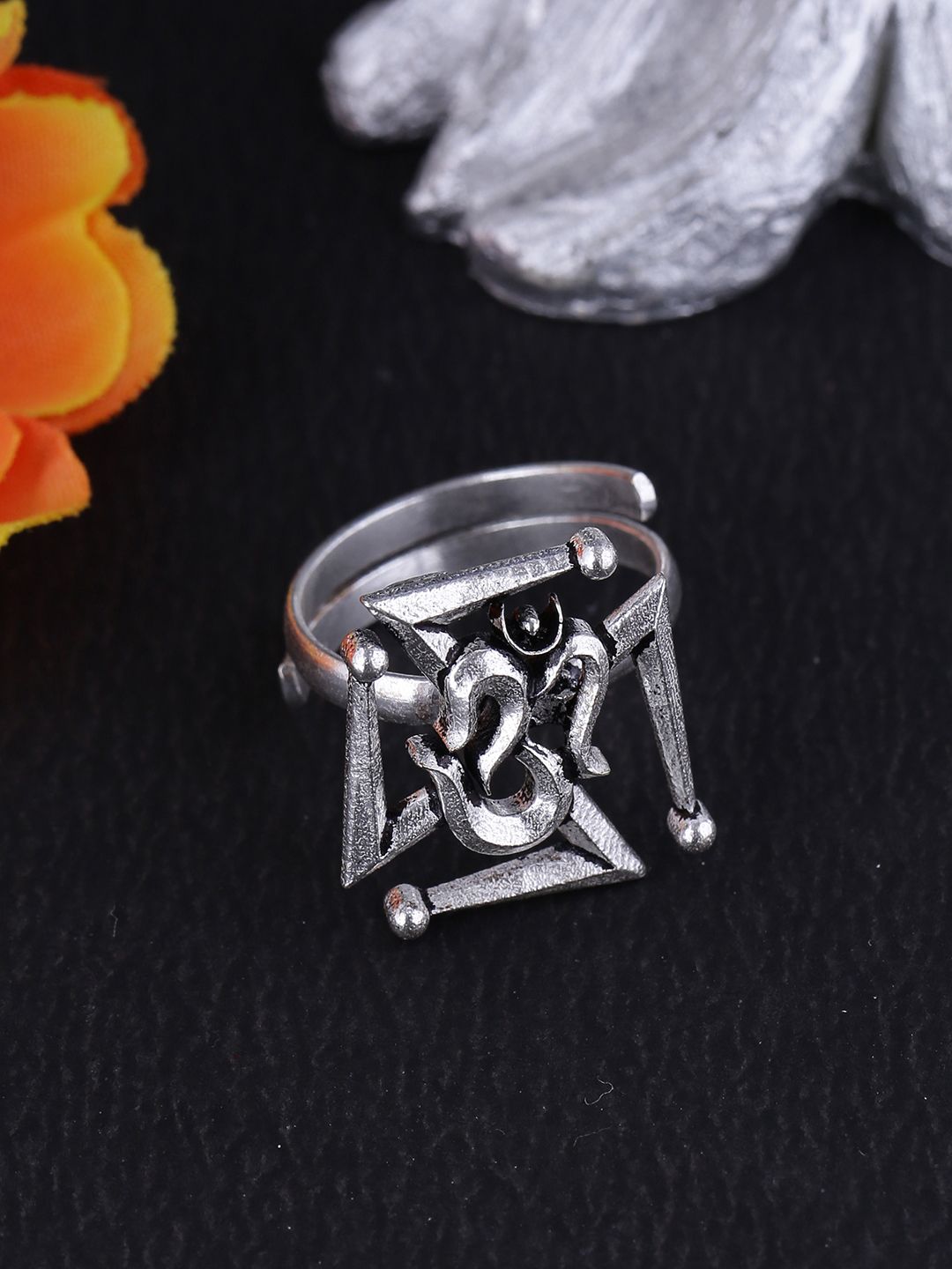 Voylla Women Oxidised Silver-Plated Handcrafted Aarambh Om-Swastika Finger Ring Price in India