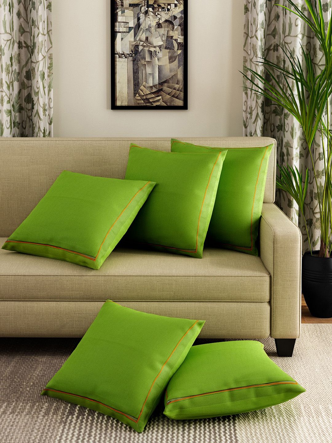 SWAYAM Lime Green Set of 5 Solid Square Cushion Covers Price in India
