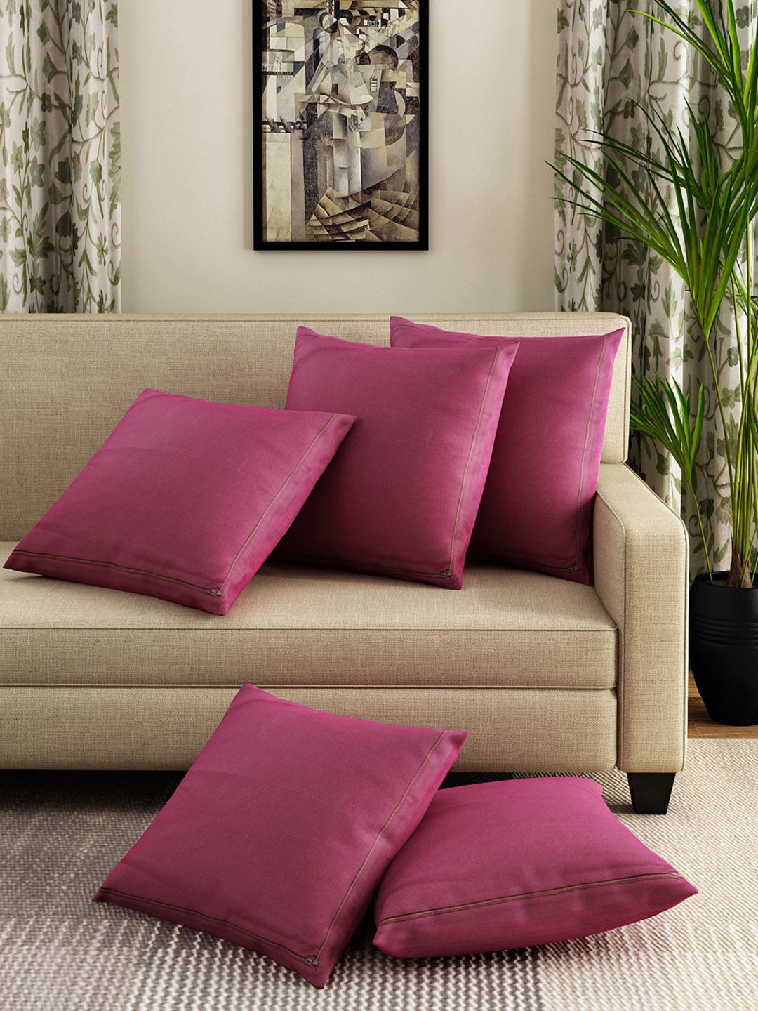 SWAYAM Magenta Set of 5 Solid Square Cushion Covers Price in India
