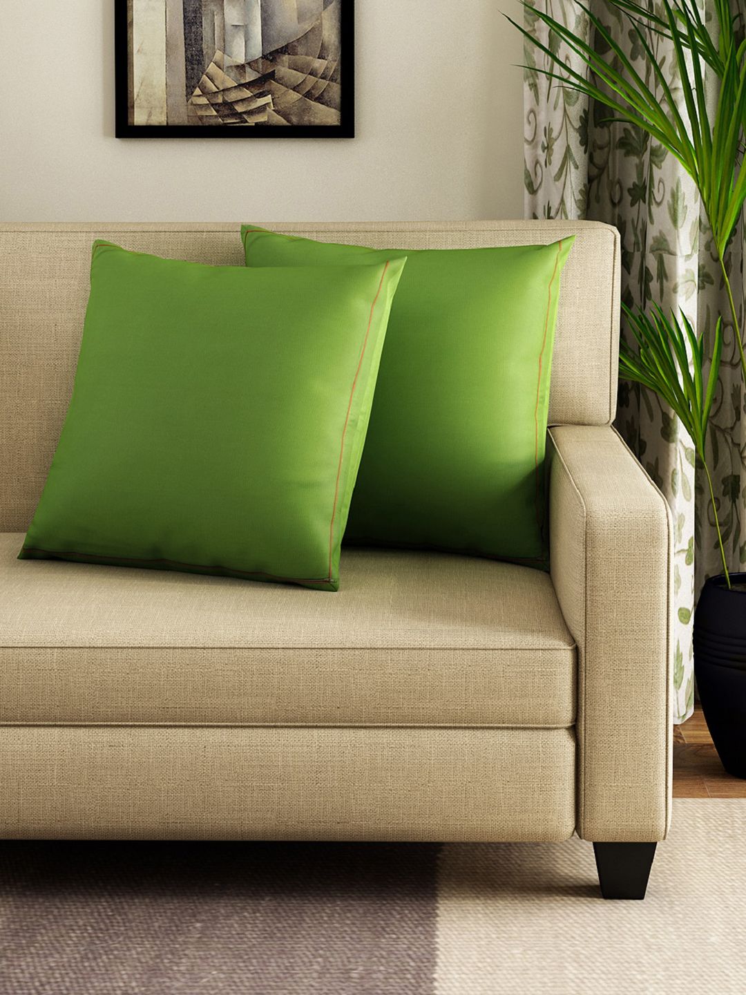 SWAYAM Lime Green Set of 2 Solid Square Cushion Covers Price in India
