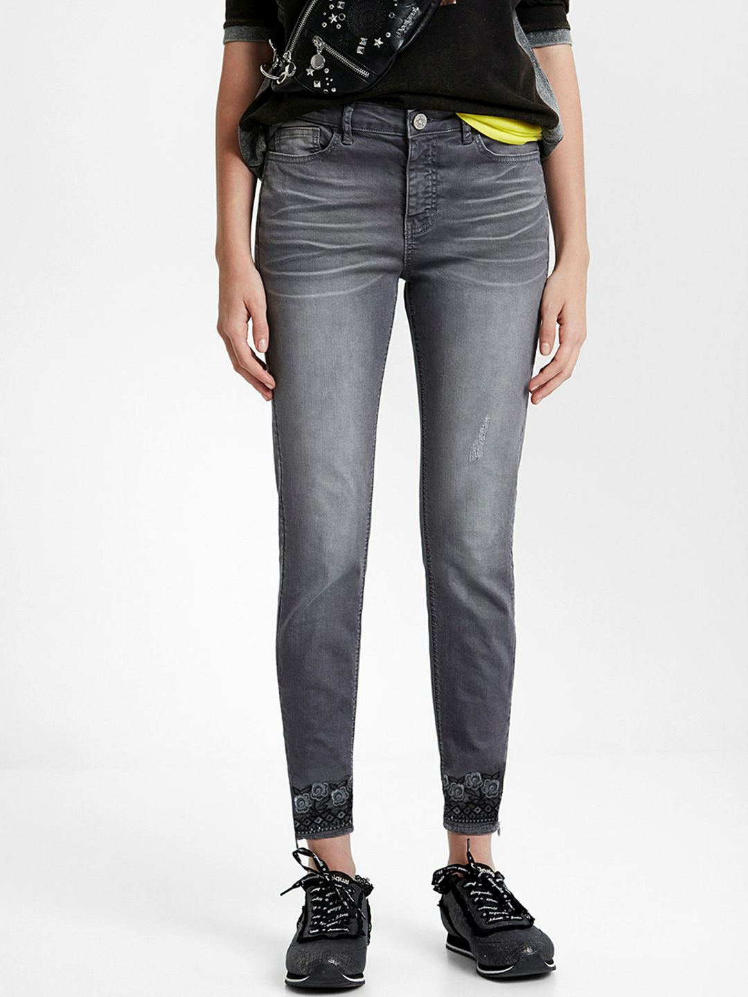 Desigual Women Grey Skinny Fit Printed Regular Trousers