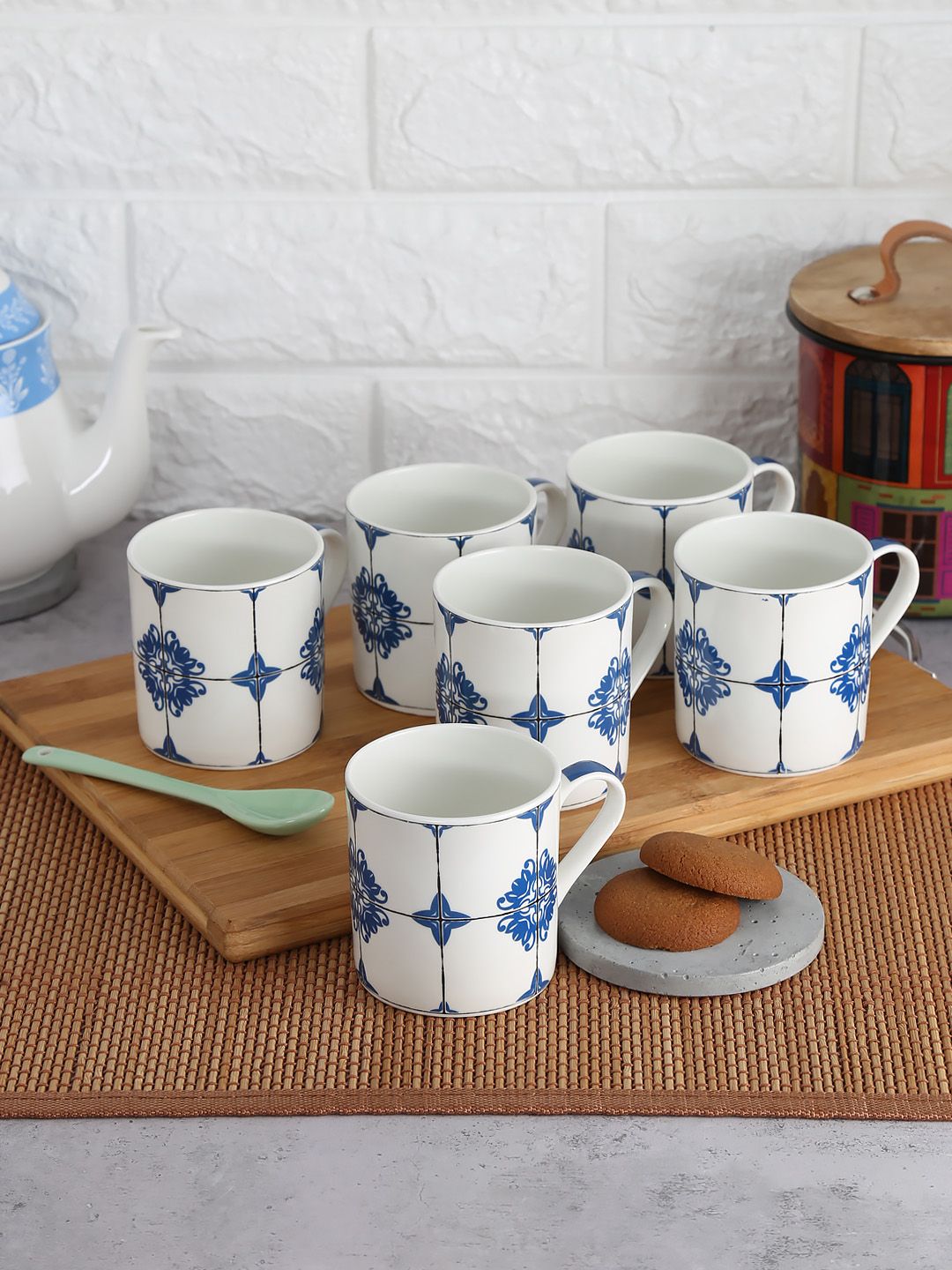 India Circus by Krsnaa Mehta Set Of 6 Blue & White 6-Pieces Printed Bone China Cups Set Price in India