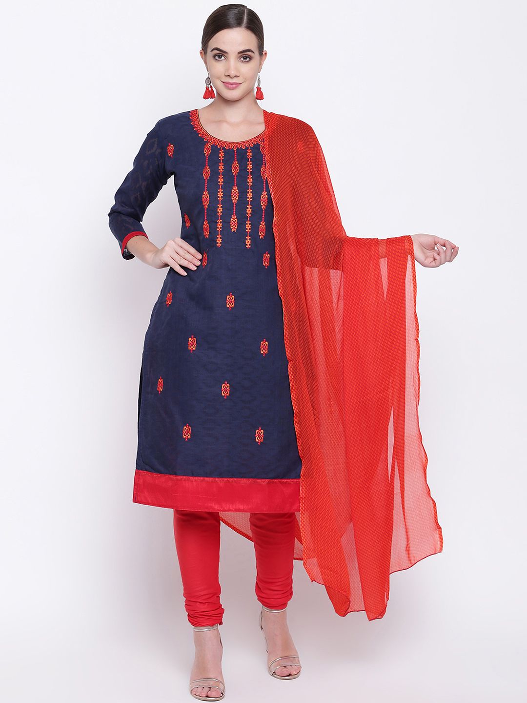 mf Navy Blue & Red Embroidered  Unstitched Dress Material Price in India