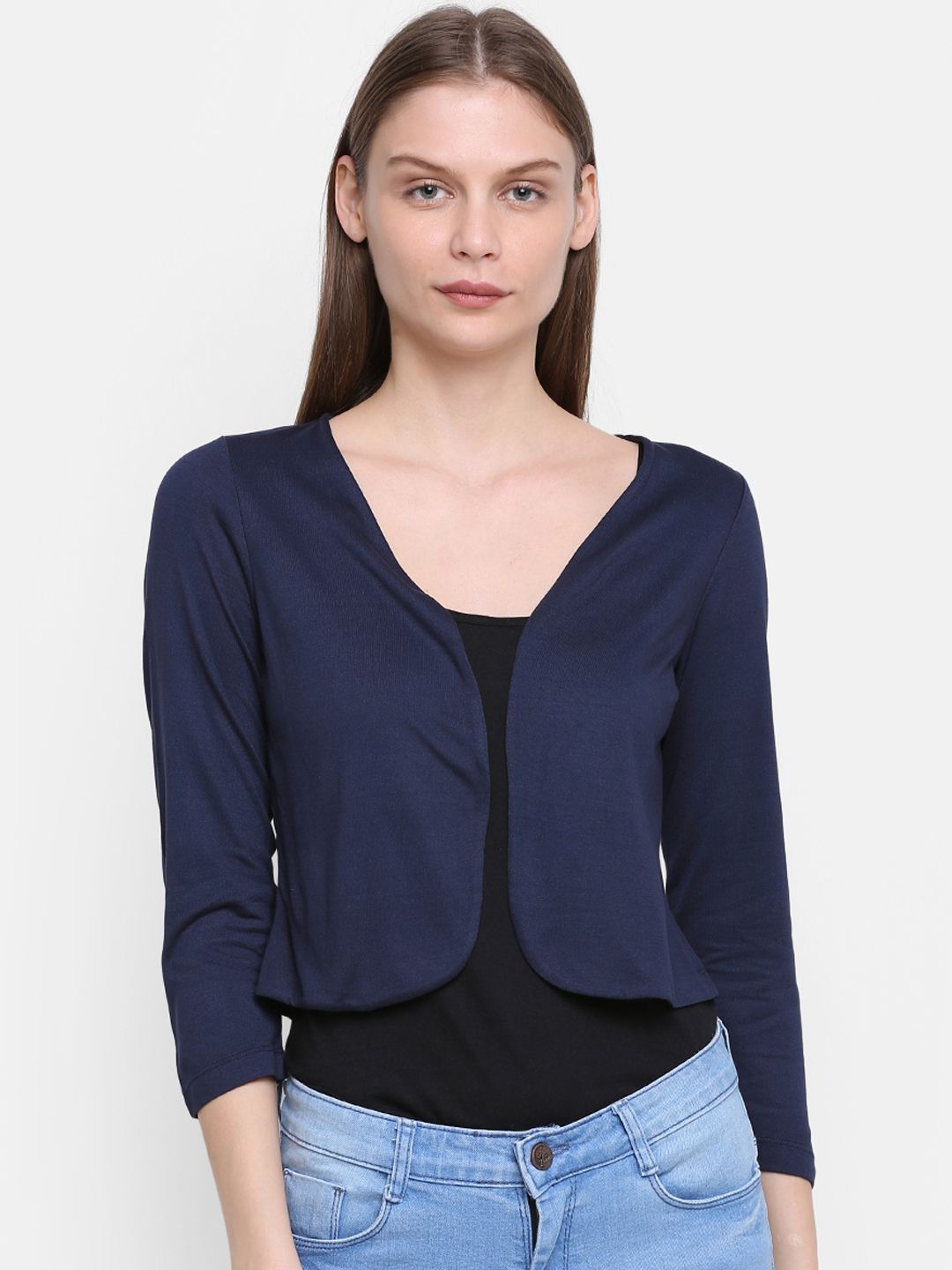 Rute Women Navy Blue Solid Open Front Shrug Price in India