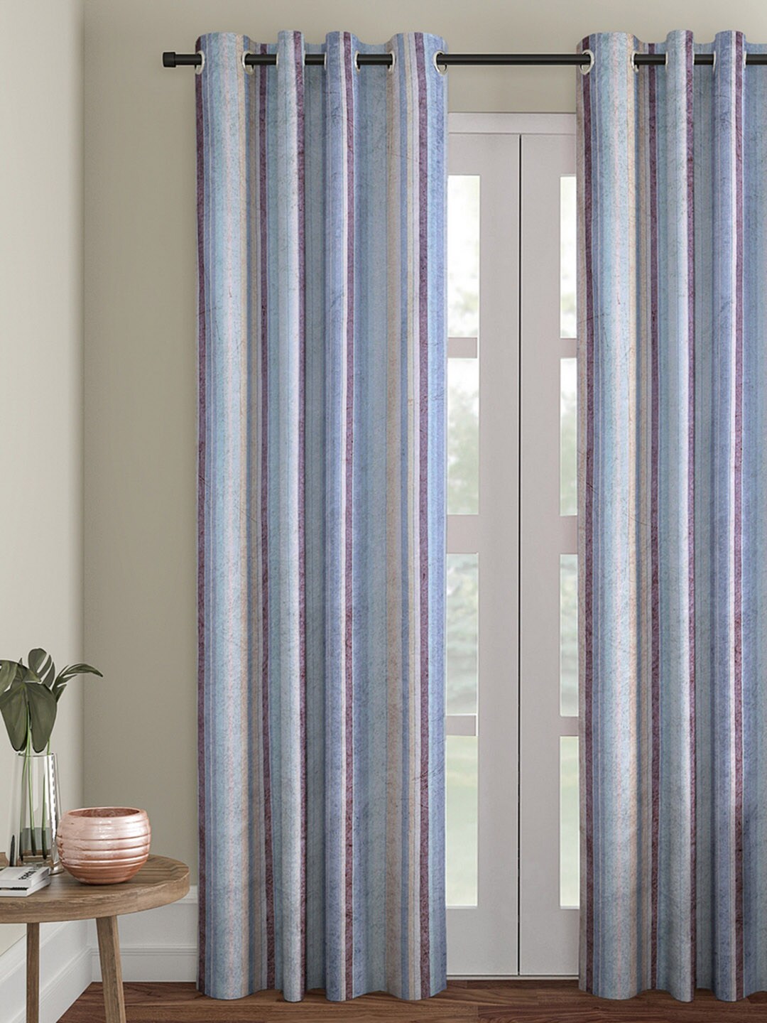 ROMEE Blue & Brown Single Black Out Door Curtain Price in India