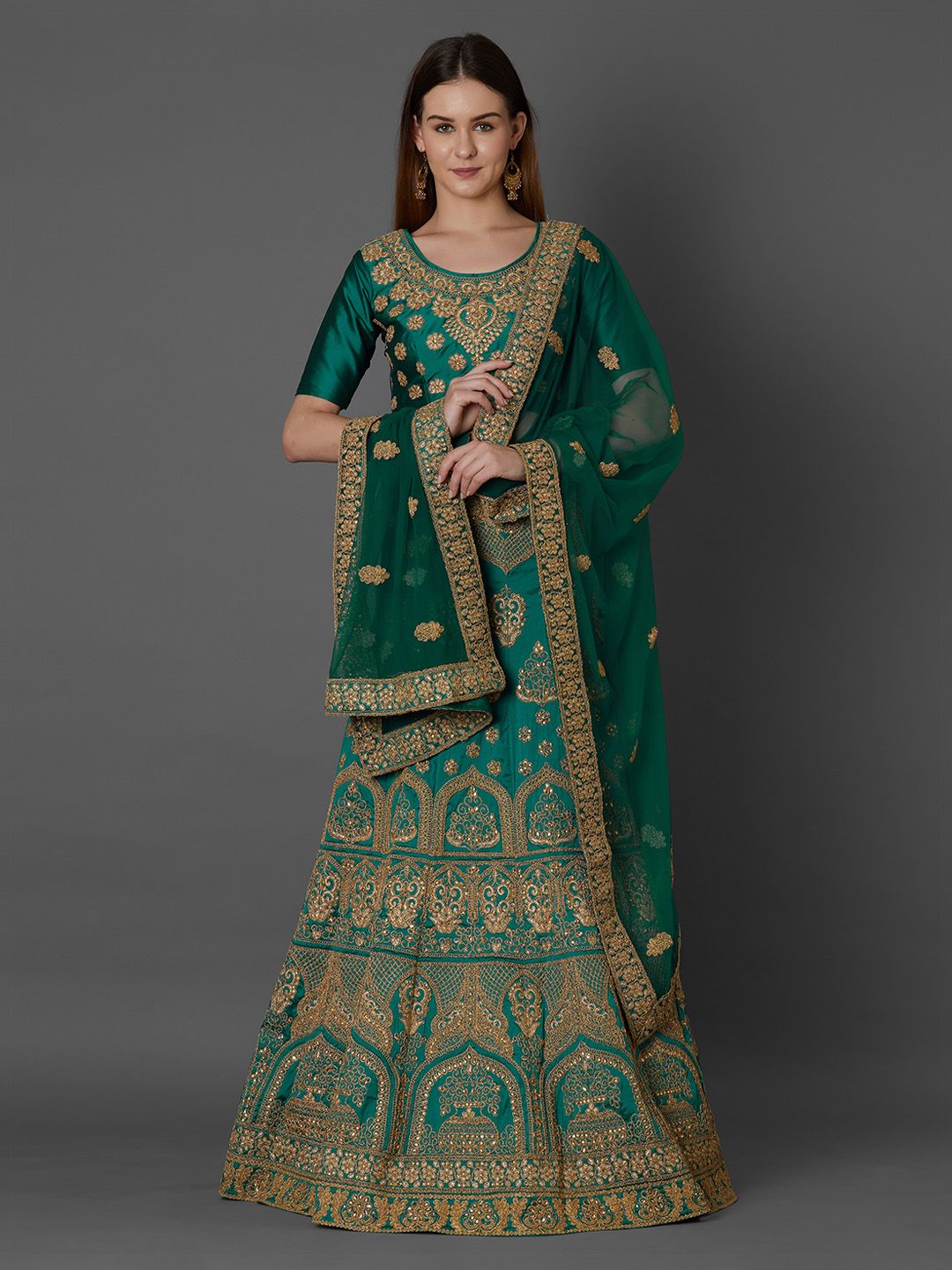 Mitera Green Semi-Stitched Lehenga & Blouse with Dupatta