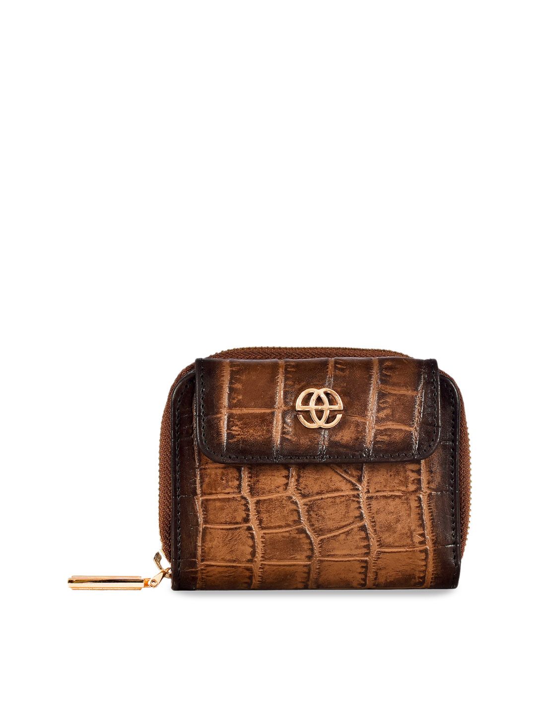 Eske Women Tan Brown Crocodile Skin Printed Zip Around Genuine Leather Wallet Price in India